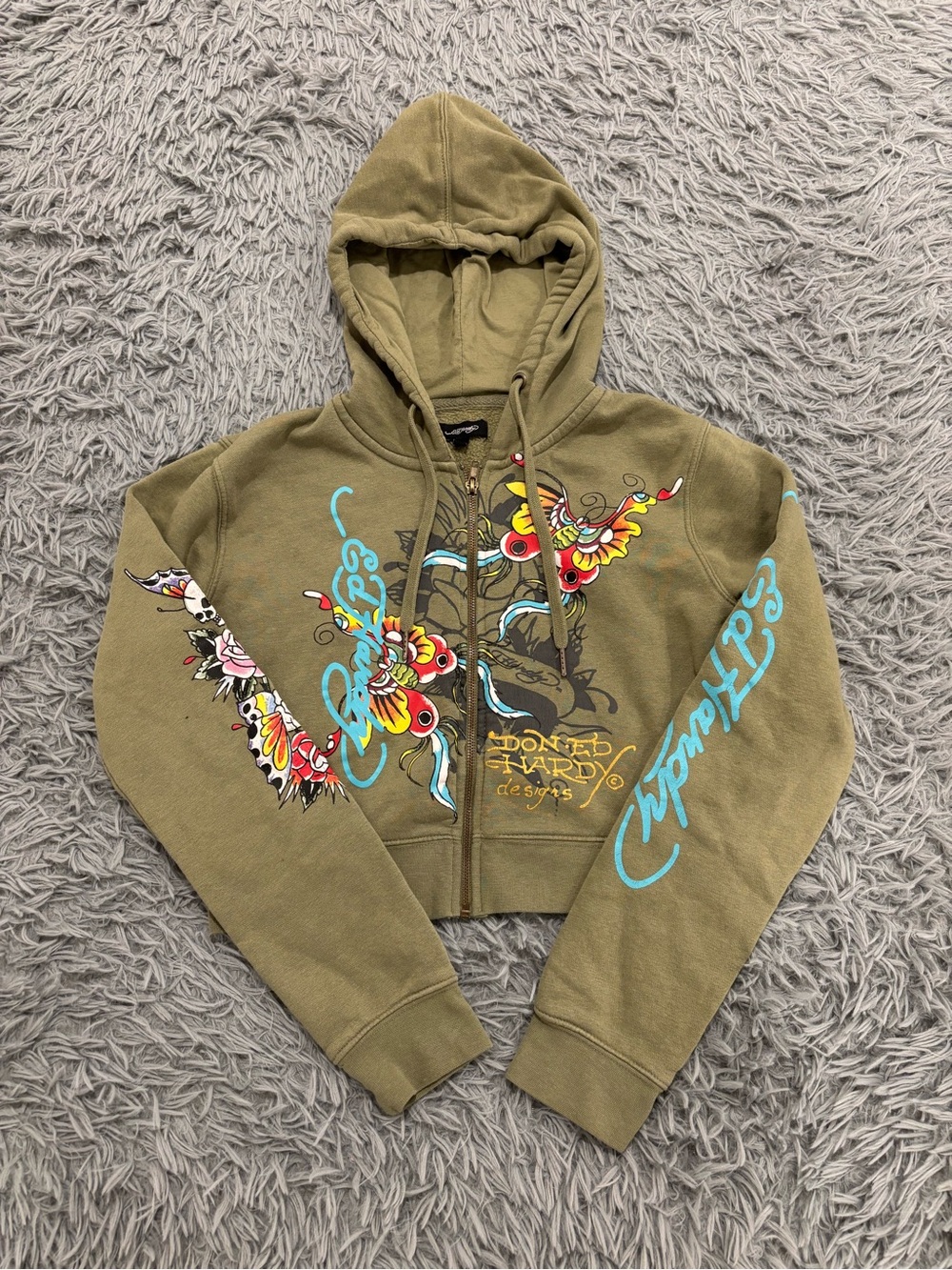 Ed Hardy Women’s Olive Green Large Butterfly Graphic Crop Zip Hoodie Y2K Grunge